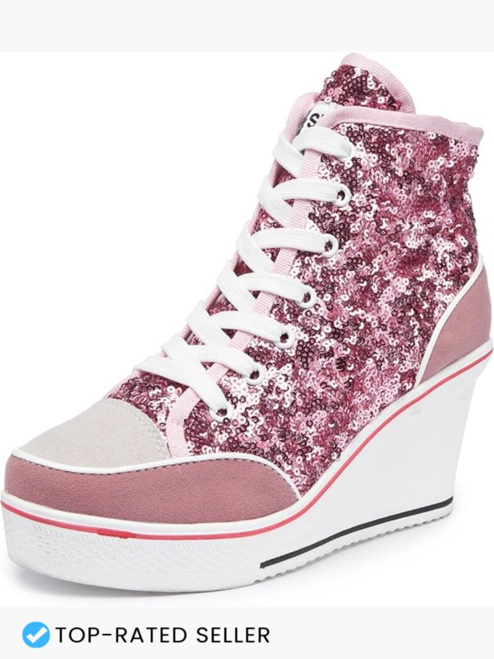 Women's High Top Canvas Sneakers Lace Up Platform Wedges Sparkling Bling Casual